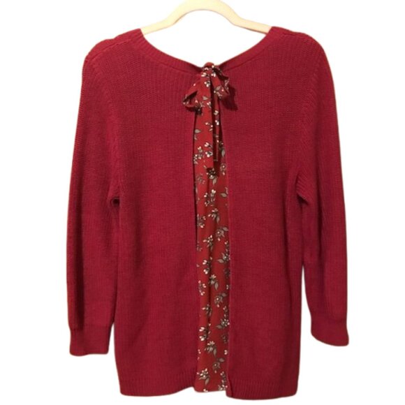 LOFT Outlet Women's Floral & Back Tie Sweater Maroon Burgundy Knit M - Picture 1 of 7